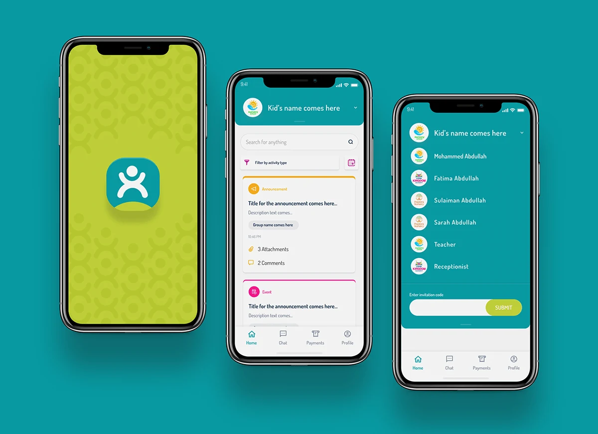 Bounce app UI — splash screen, activity feed, and child selection screens