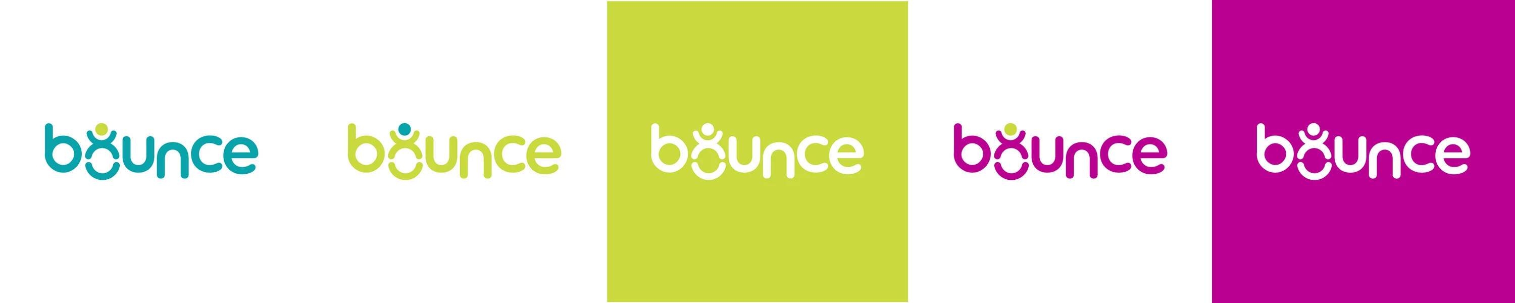 Logo colour variants — teal, lime, white on lime, magenta, white on magenta