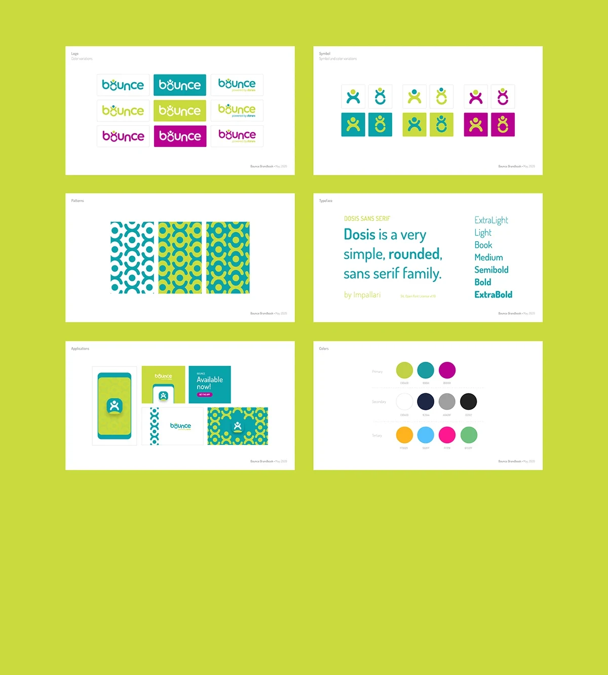 Brand book overview — logo variants, symbols, patterns, typography, applications, colours