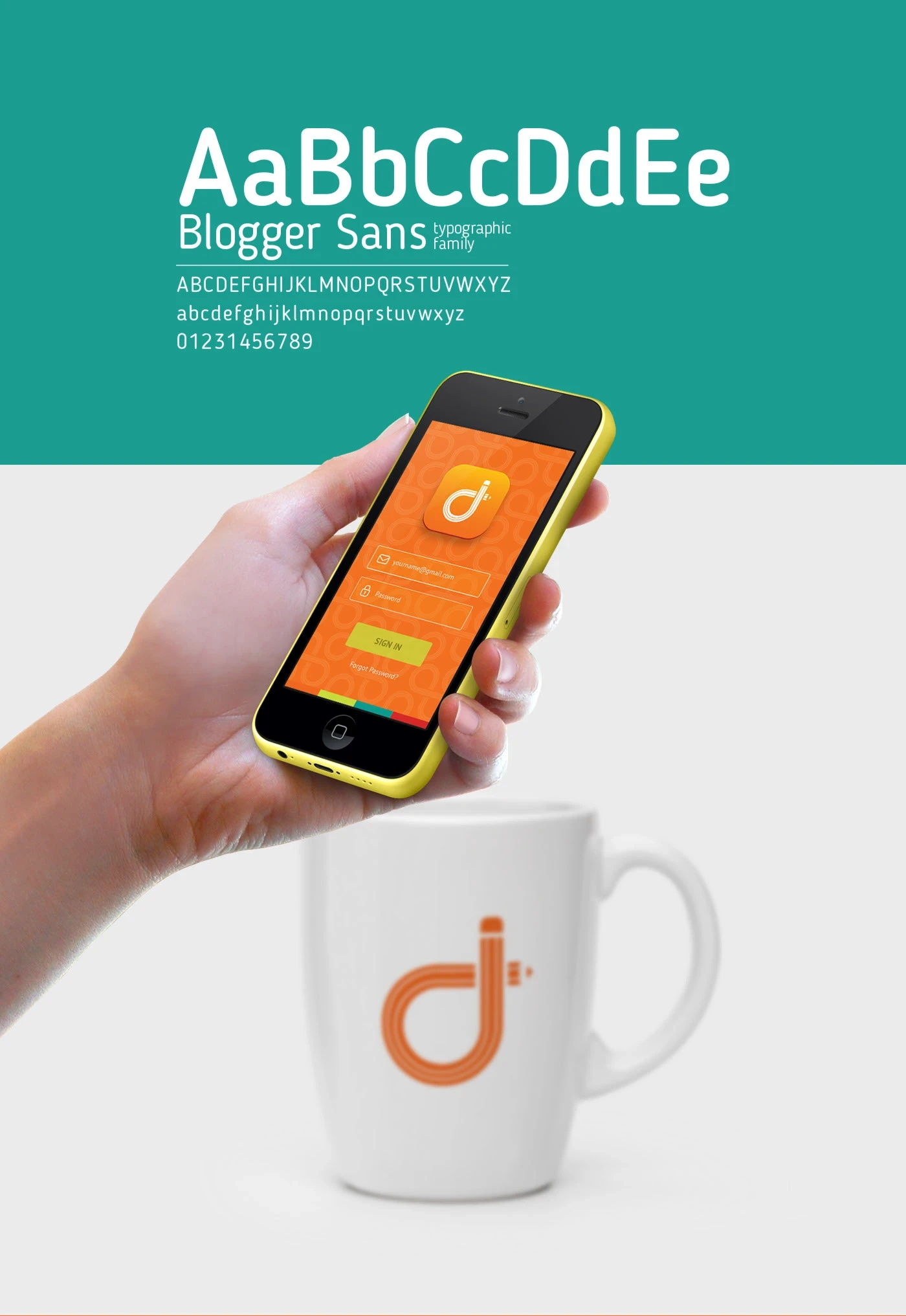 Typography specimen and brand in use — mug and mobile app